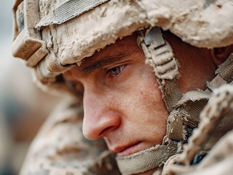 Close-up of a soldier in a dusty helmet, symbolizing Post-Traumatic Stress Disorder (PTSD), psychological trauma, and the mental burden of war.