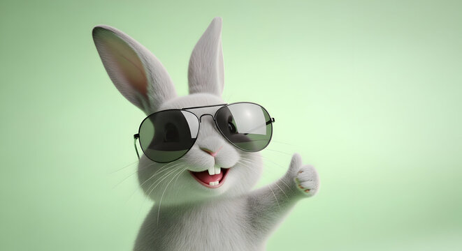Cheerful 3D bunny giving thumbs up with black sunglasses on pale green background exuding positive vibe and cool attitude