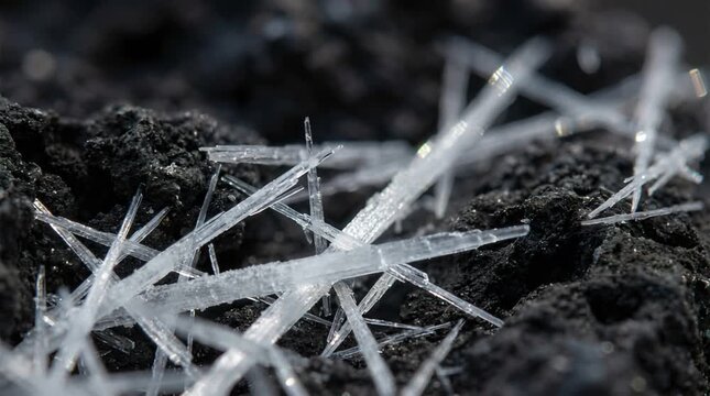 Close up of white acicular crystal clusters on rough dark rock mineral formation under bright light source in shallow depth of field