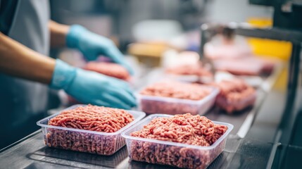 Food processing worker packages fresh ground meat onto a conveyor belt in a sterile environment