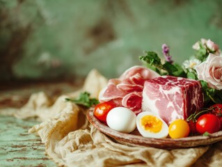 Boiled Easter ham with eggs and cherry tomatoes served on a tray, a rustic holiday feast for culinary blogging with copy space on a green vintage background