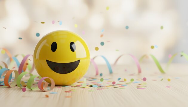 Cheerful emoji smiley face celebrates April Fool's Day with falling confetti and party streamers for a festive humor concept