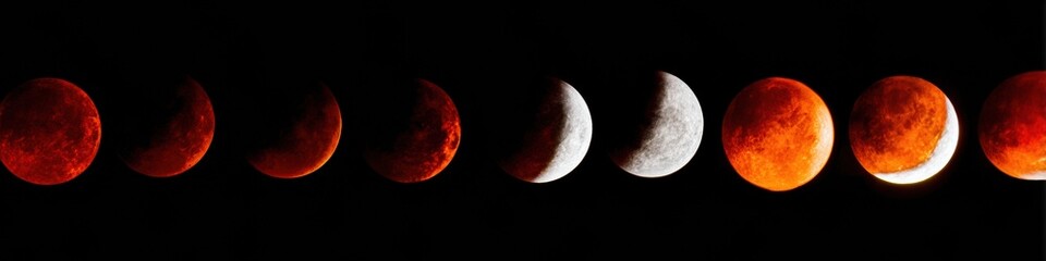 Obraz premium Blood Moon Total Lunar Eclipse phases showing celestial transition on dark sky background for educational science observation and astronomy editorial use