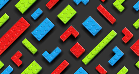 Seamless background made with realistic multicolor plastik constructor blocks on dark grey background. Play and build concept. Vector illustration