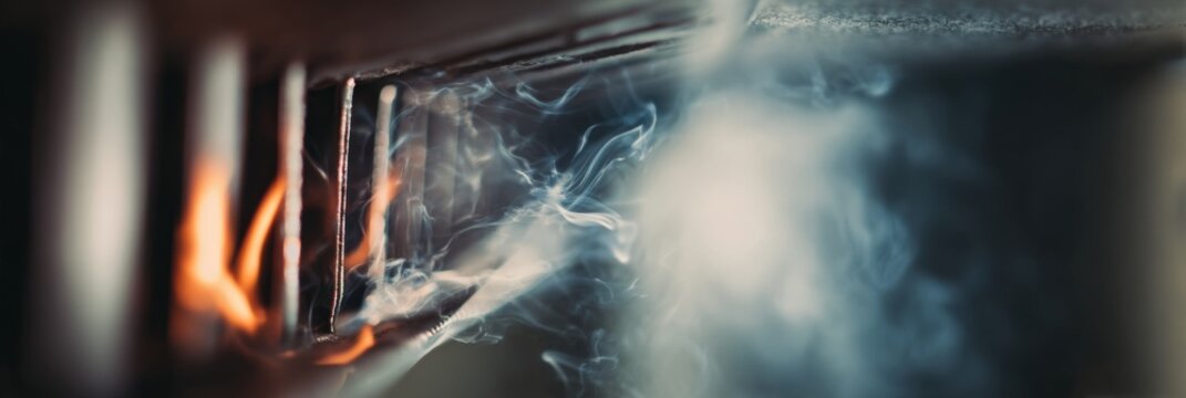Abstract smoke and fire in dark industrial setting with blurred background
