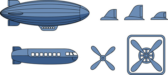 Blue Blimp and Airship Vector Illustration Set with Zeppelins Propeller and Tail Fin Icons for Aviation and Transport Design © MDTAREK