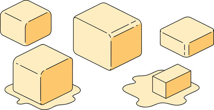 Butter Cube Vector Illustration Set with Isometric Melting Butter Blocks and Yellow Dairy Product Icons for Cooking and Food Design