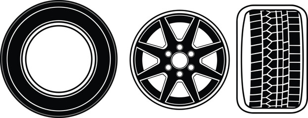 Car Tire and Wheel Rim Vector Illustration Set with Black Rubber Tyre Alloy Wheel and Tread Pattern Icons for Automotive Service Design © MDTAREK
