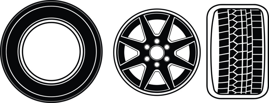 Car Tire and Wheel Rim Vector Illustration Set with Black Rubber Tyre Alloy Wheel and Tread Pattern Icons for Automotive Service Design