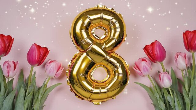 Gold balloon number eight with pink and red tulips on sparkle background, international women's day celebration
