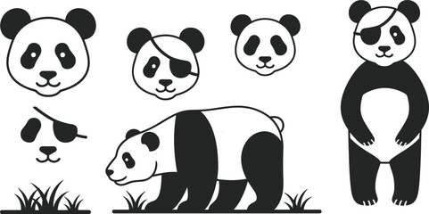 Obraz premium Cute Panda Character Vector Illustration Set with Panda Face Pirate Eye Patch and Standing Panda Icons for Wildlife and Animal Design
