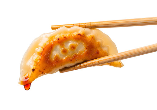 Delicious dumpling held by chopsticks on white background isolated on transparent background