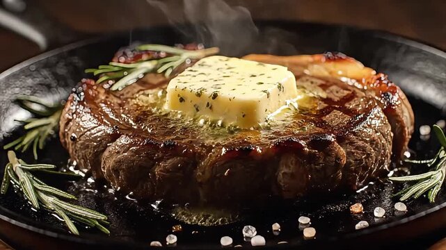 A steaming filet mignon steak topped with herb butter on a cast iron skillet surrounded by rosemary and peppercorns
