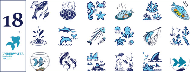 Underwater Marine Life Vector Icon Set Blue Ocean Fish Seafood Fishing and Coral Icons Collection. © aktharuzzaman