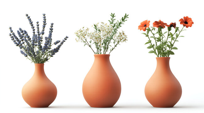 Three terracotta vases with colorful flowers on a white background