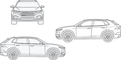 Three different views of a modern suv car in outline drawing style, including front view and two side views, for automotive design and technical illustration purposes © Design Store