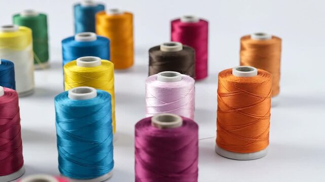 Vibrant spools of thread in various colors arranged against a clean white background, ready for sewing.