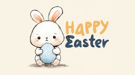 Cute Easter bunny holding a decorated egg with happy Easter text