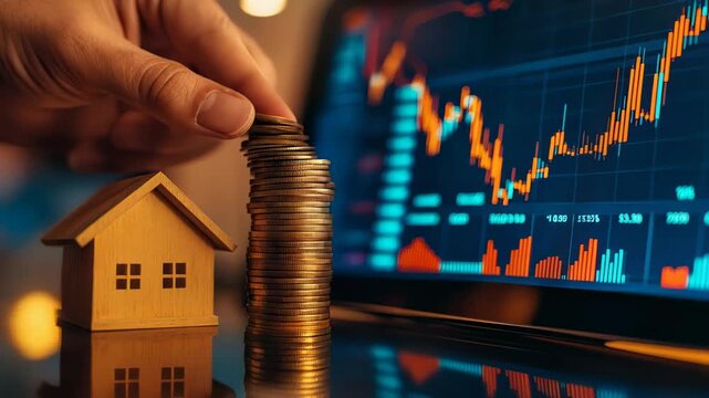 Hand adding a coin to a stack beside a wooden house model, with stock market charts on a screen, illustrating real estate investment and financial growth