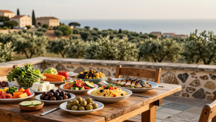 Fototapeta premium A beautifully set table with Mediterranean food: grilled fish, olives, tomatoes, feta cheese, and fresh herbs. A rustic stone terrace overlooks a scenic landscape with a distant village and the sea.