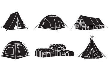 Camping tent silhouette collection featuring various styles of outdoor shelter from classic a-frame to modern geodesic domes for hiking tourism and wilderness adventure graphics © Amdadul