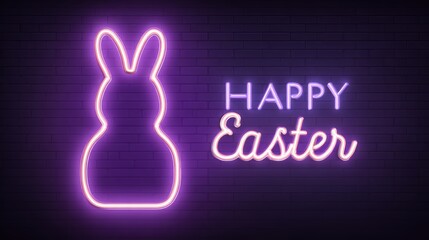 Fototapeta premium Happy Easter neon sign with bunny silhouette on brick wall background