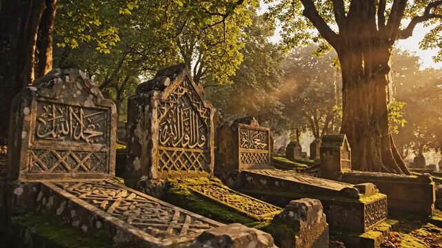 Tranquil old cemetery path lined with mossy tombstones under sunlit trees