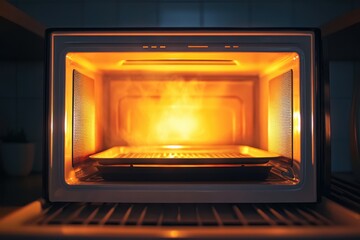Microwave Oven Reheating Food With Warm Interior Lighting