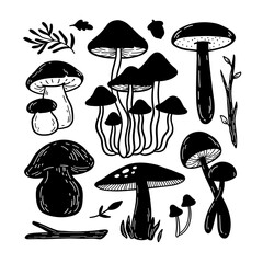 Forest mushroom set linocut illustration