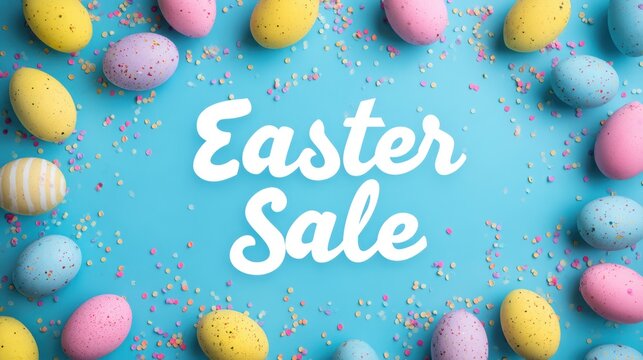 Easter Sale with colorful eggs and confetti on a bright blue background