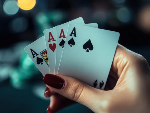 Four aces held in hand showing a winning poker strategy during late night casino excitement