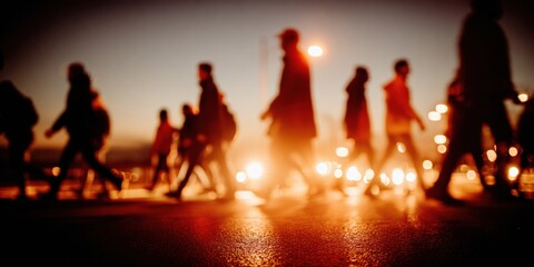 Fototapeta premium Group of activists marching during social justice protest at sunset, silhouettes of people in urban street demonstration for human rights and collective action background