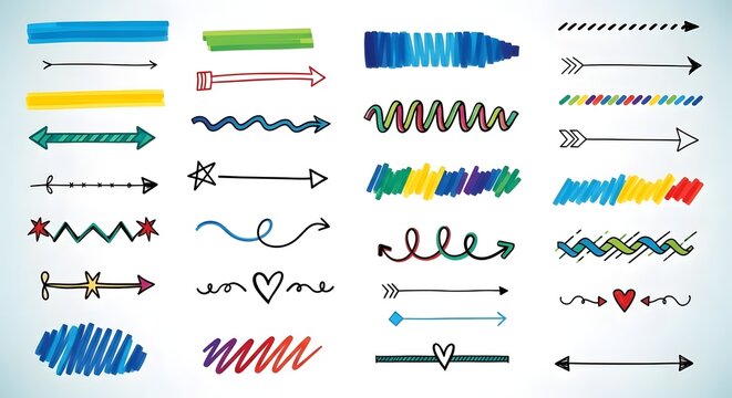Vibrant hand-drawn graphic elements collection featuring diverse colorful arrows, decorative lines, and unique doodle dividers, great for creative design projects and playful visual communication