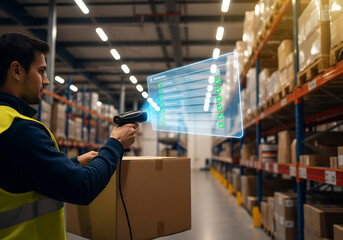 Obraz premium Warehouse worker using futuristic hologram scanner on package, advanced logistics technology for inventory management