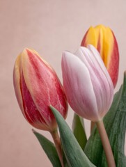 Naklejka premium Colorful Spring Tulips in Bloom Against a Soft Beige Background with Copy Space, Perfect for Mothers Day, Womens Day, and Romantic Floral Greeting Cards