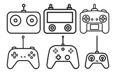 Minimalist Black and White Vector Outline Icons of Electronic Remote Controllers, Gaming Joysticks, and Radio Transmitters for Drones and Hobbyist Projects.