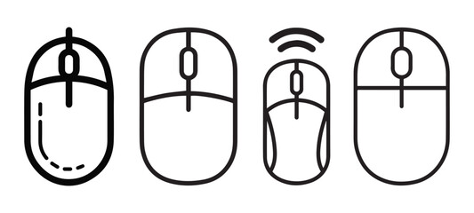 Minimalist black and white vector outline icons of various computer mice, featuring wired and wireless designs for modern desktop hardware and peripherals.