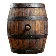 Obraz premium A wooden barrel with metal bands on a white background