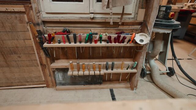 Woodworking shop tools and chisels hanging on a rustic wooden tool rack