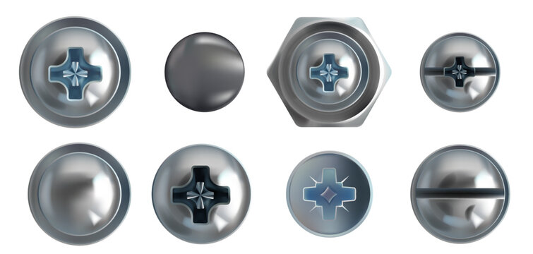 Metal screw set - realistic bolts with hexagon and circle heads and steel nuts. Rusty rivets, chrome nails and iron pins on white background. Industrial hardware collection for construction design.