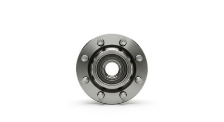 Front view of a car wheel hub with bearings and lug bolts, essential auto part for smooth rotation on white background.