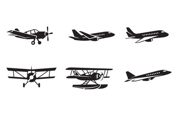 Collection of airplane silhouettes including private jets biplanes and propeller aircraft suitable for aviation industry branding travel services flight school and air transport icons © Amdadul