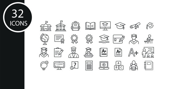  Modern Education Line Icon Set, Academic School University Learning Editable Vector Collection, Graduation Certificate Online Study Symbols Pack