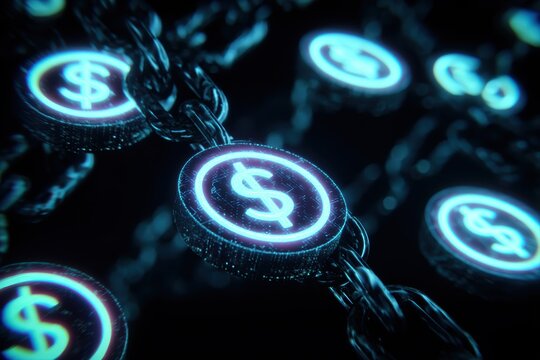 Stablecoin Tokens Tied to Dollar Emblems on Digital Ledger Surface