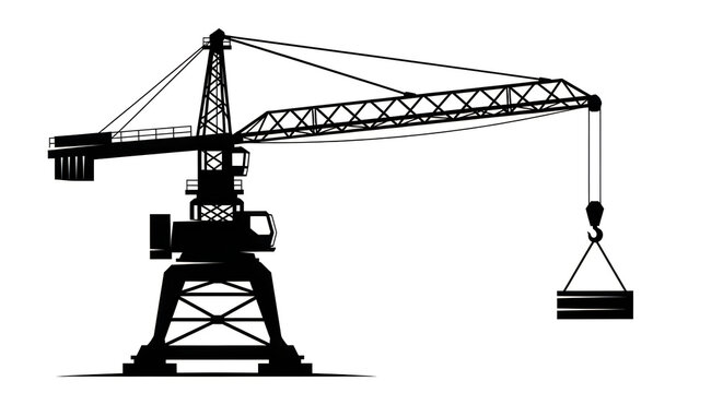 A black and white image of a crane lifting a load