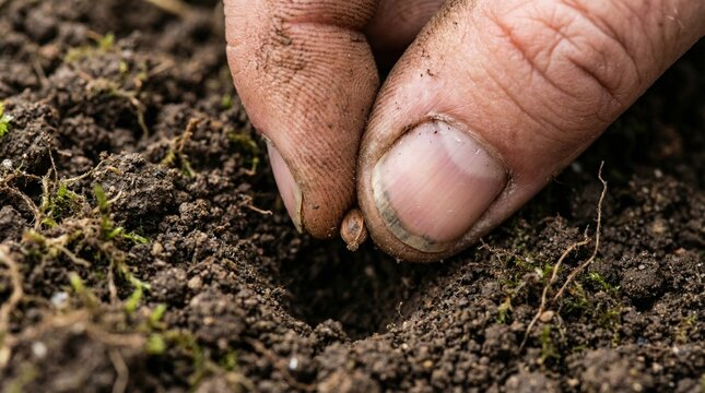 Close up of hands planting seeds in rich soil, gardening and growth concept, sustainable agriculture.