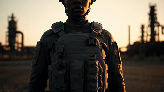 Military Vest Worn by a Soldier Against the Backdrop of an Industrial Facility