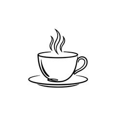 Obraz premium Clean line art illustration of a steaming hot coffee cup on a saucer, perfect for minimalist designs, cafe menus, drink-related graphics, or morning beverage concepts emphasizing warmth and comfort