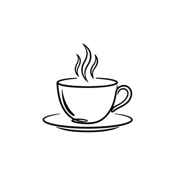 Clean line art illustration of a steaming hot coffee cup on a saucer, perfect for minimalist designs, cafe menus, drink-related graphics, or morning beverage concepts emphasizing warmth and comfort