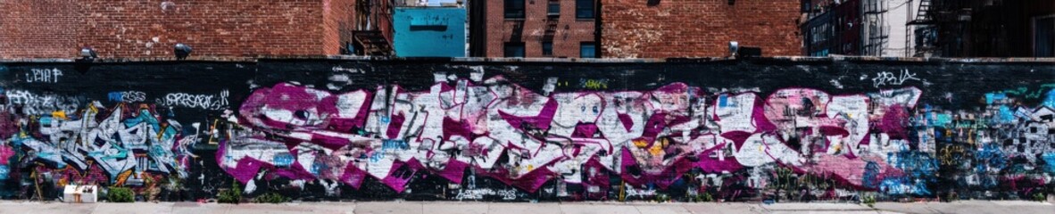 Fototapeta premium Music Collage Graffiti on Brick Wall Background with Magenta and Teal Accents for Modern Hip Hop Urban Street Culture Style and Commercial Design Content